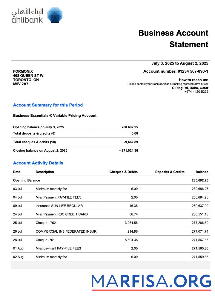 Katar Ahlibank Geschäft firm Kontoauszug Word and PDF Format Design