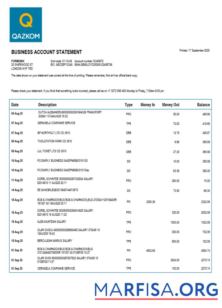 Hohe Qualität Qazkom Bank enterprise Konto Kontoauszug Word and PDF Vorlage