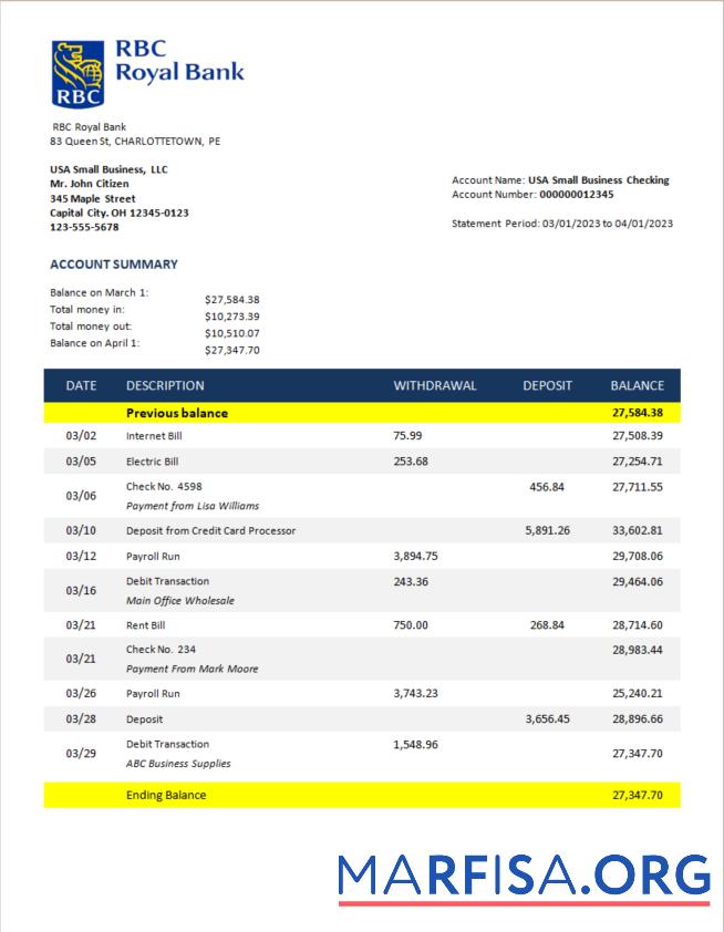 Hohe Qualität RBC Royal Bank enterprise checking Konto Kontoauszug Word and PDF Vorlage