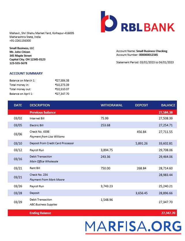 Realistisch RBL Bank enterprise Konto Kontoauszug Word and PDF Vorlage