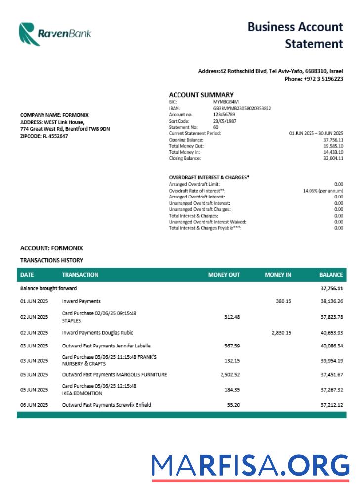 Raven enterprise Kontoauszug Word and PDF Format (1) Vorschau