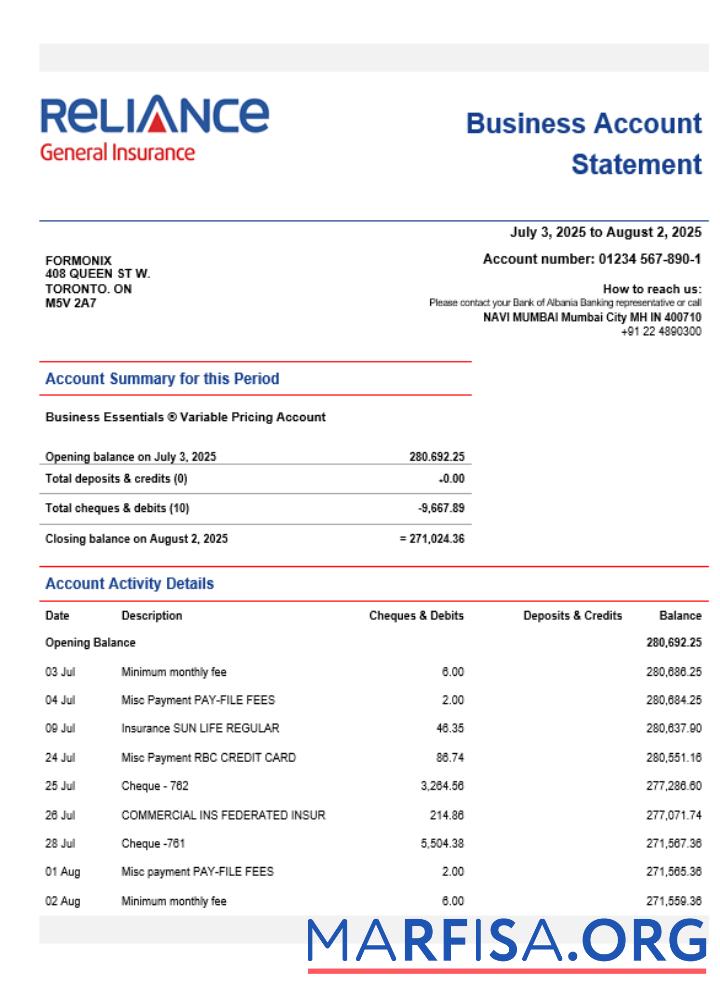 Reliance General Versicherung Unternehmen Limited organization checking Konto Kontoauszug Word and PDF Format Vorlage