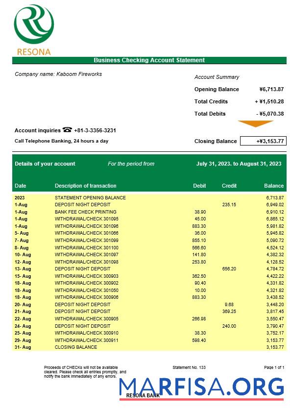 Bearbeitbar Resona Bank Unternehmen checking Konto Kontoauszug Word and PDF Vorlage