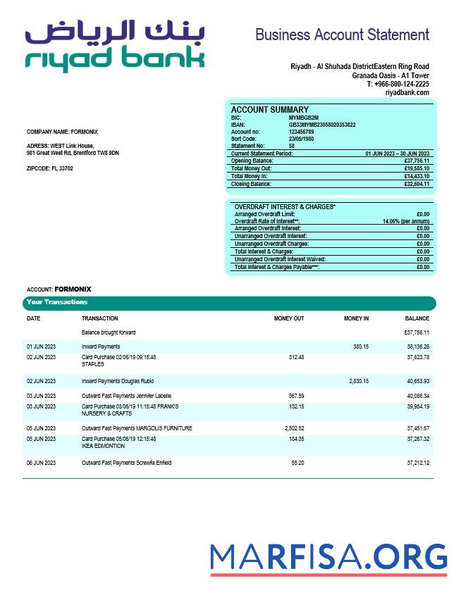 Premium Riyad Bank enterprise Kontoauszug Word and PDF Vorlage