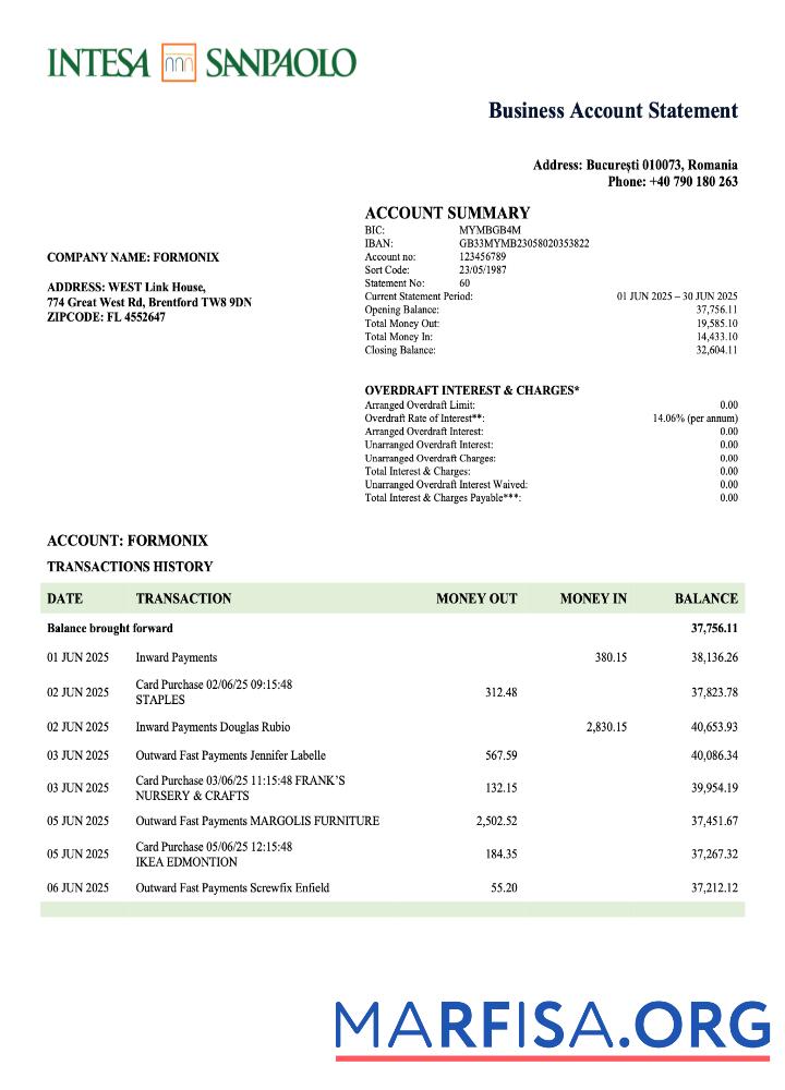 Bearbeitbar Rumänien Intesa Sanpaolo Geschäft Konto Kontoauszug Word and PDF Vorlage