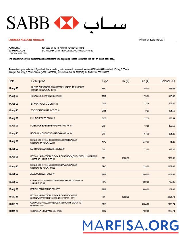 Premium SABB Bank Unternehmen Kontoauszug Word and PDF Vorlage