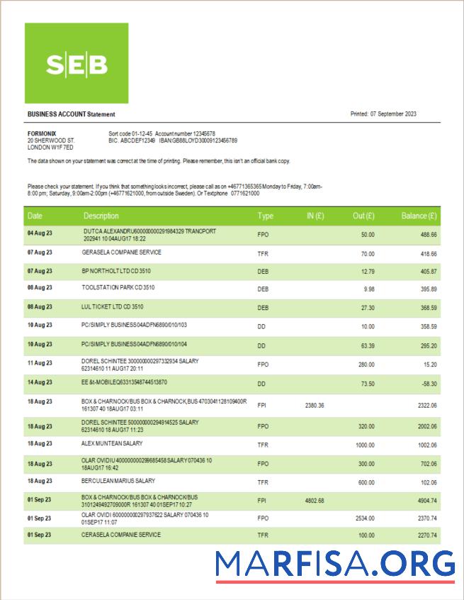 Premium SEB Bank Unternehmen Kontoauszug Word and PDF Vorlage