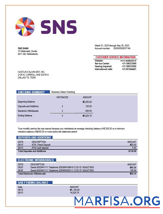 Realistisch SNS Bank enterprise Konto Kontoauszug Word and PDF Vorlage