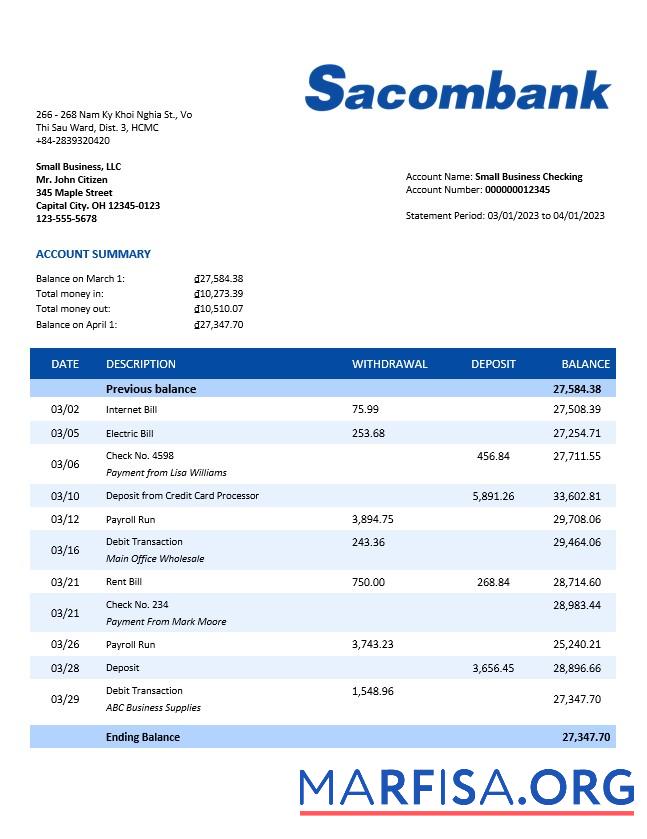 Premium Sacombank organization checking Konto Kontoauszug Word and PDF Vorlage