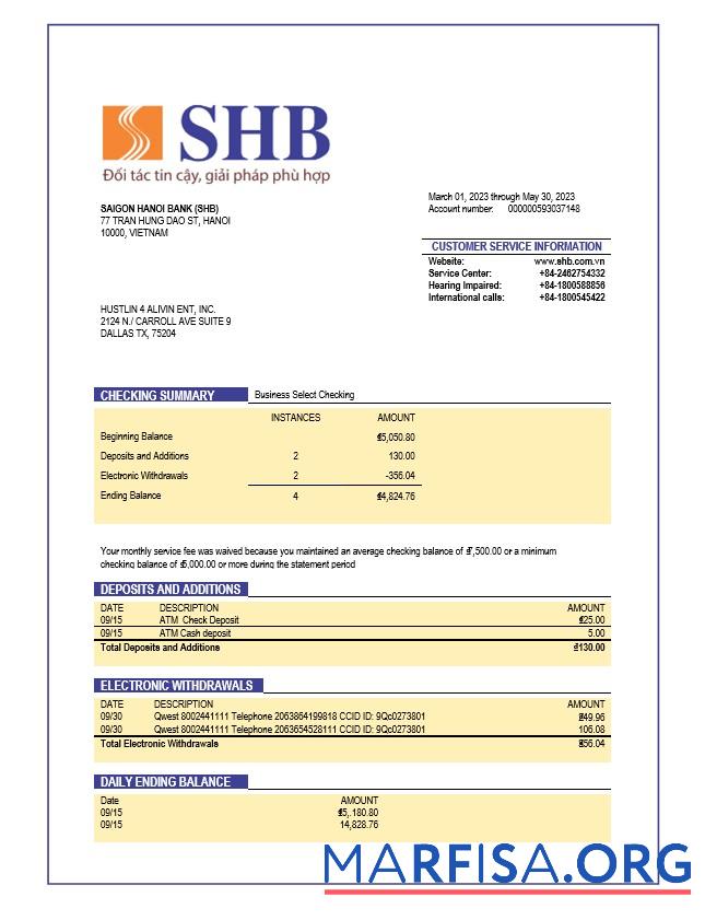 Hohe Qualität Saigon Hanoi Bank (SHB) organization Konto Kontoauszug Word and PDF Vorlage