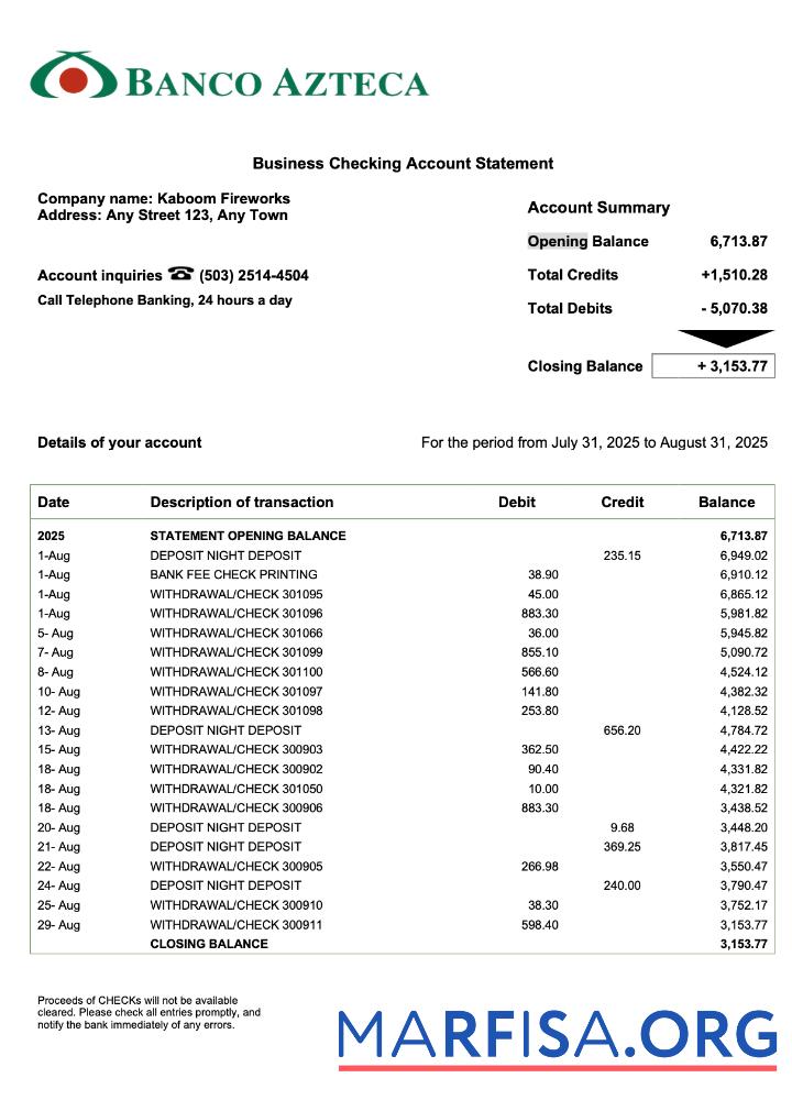 Salvador Banco Azteca organization checking Konto Kontoauszug Word and PDF Format Vorlage