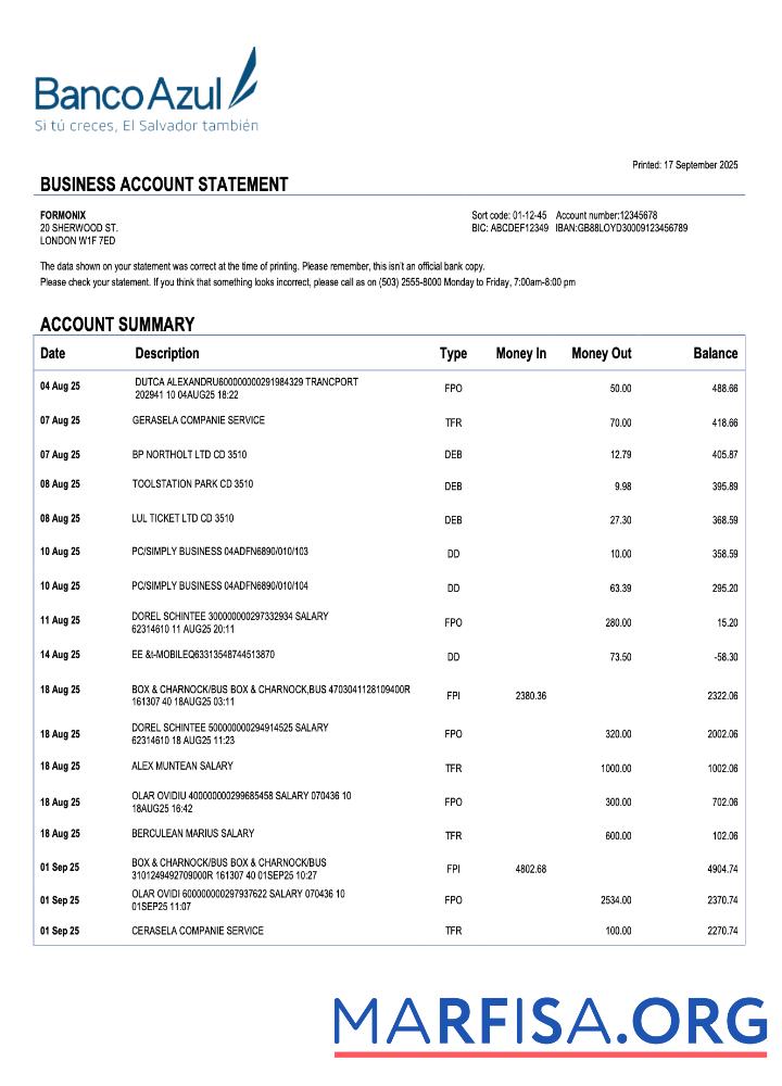 Realistisch Salvador Banco Azul firm Konto Kontoauszug Word and PDF Vorlage