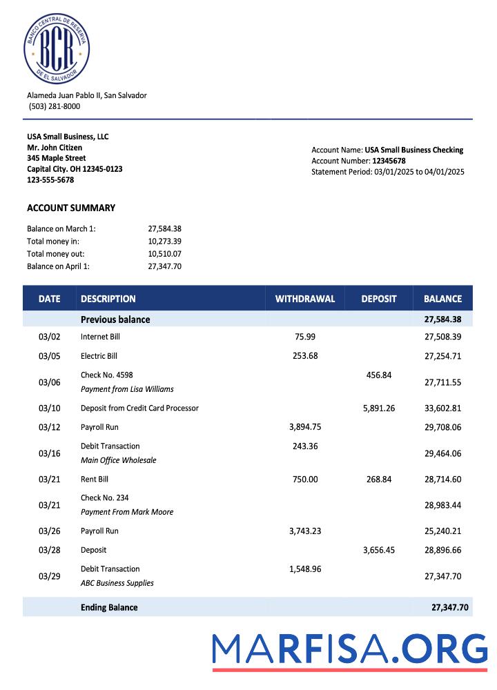 Premium Salvadoran Banco Central de Reserva de Salvadoran firm Konto Kontoauszug Word and PDF Vorlage