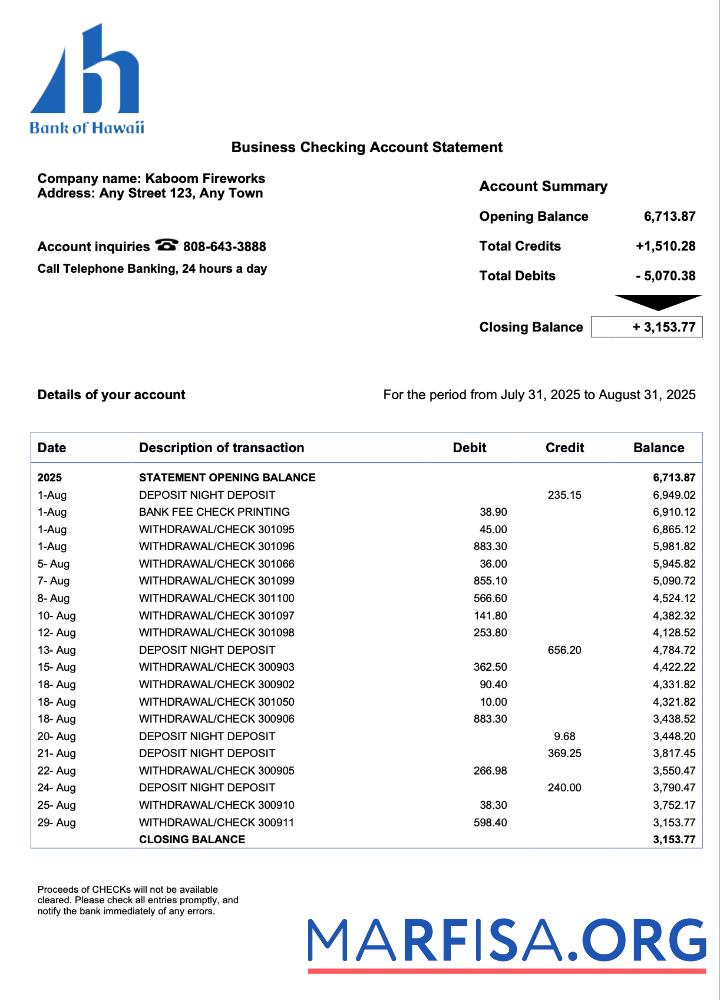 Hohe Qualität Samoa Bank of Hawaii Geschäft Konto Kontoauszug Word and PDF Vorlage