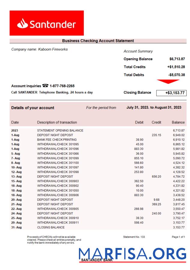 Hohe Qualität Santander Bank Unternehmen Konto Kontoauszug Word and PDF Vorlage