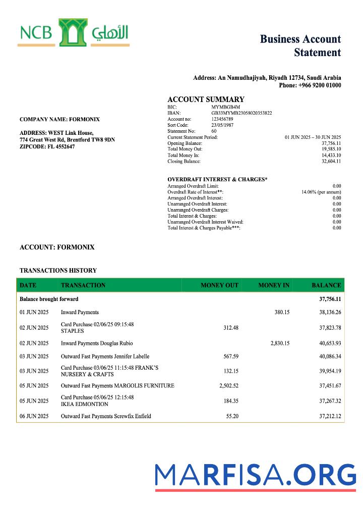 Professionell Saudi-Arabien NCB Geschäft Konto Kontoauszug Word and PDF Vorlage