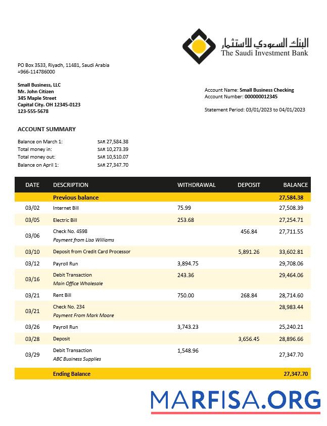 Bearbeitbar Saudi Investition Bank Geschäft checking Konto Kontoauszug Word and PDF Vorlage