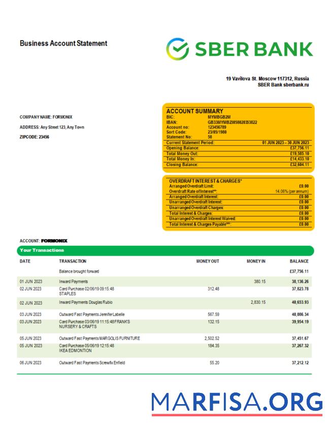 Professionell Sberbank Bank enterprise checking Konto Kontoauszug Word and PDF Vorlage