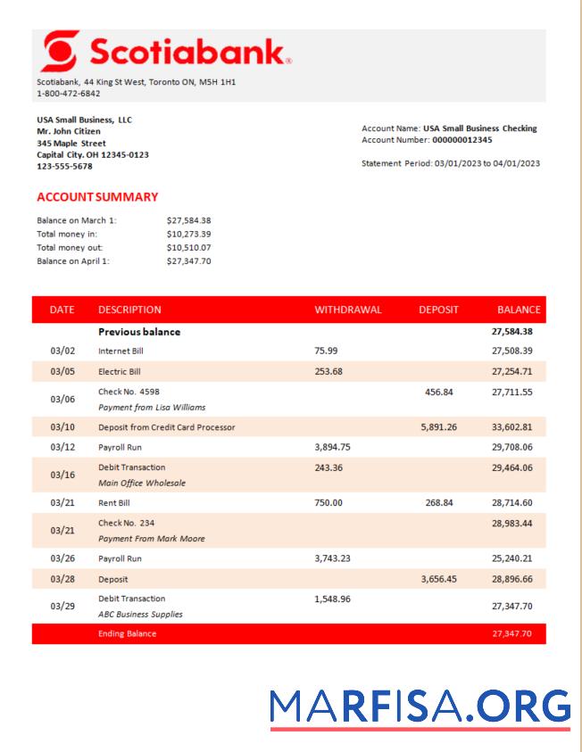 Bearbeitbar Scotiabank Bank organization Kontoauszug Word and PDF Vorlage