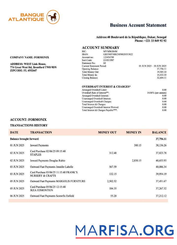 Premium Senegal Banque Atlantique Unternehmen checking Konto Kontoauszug Word and PDF Vorlage