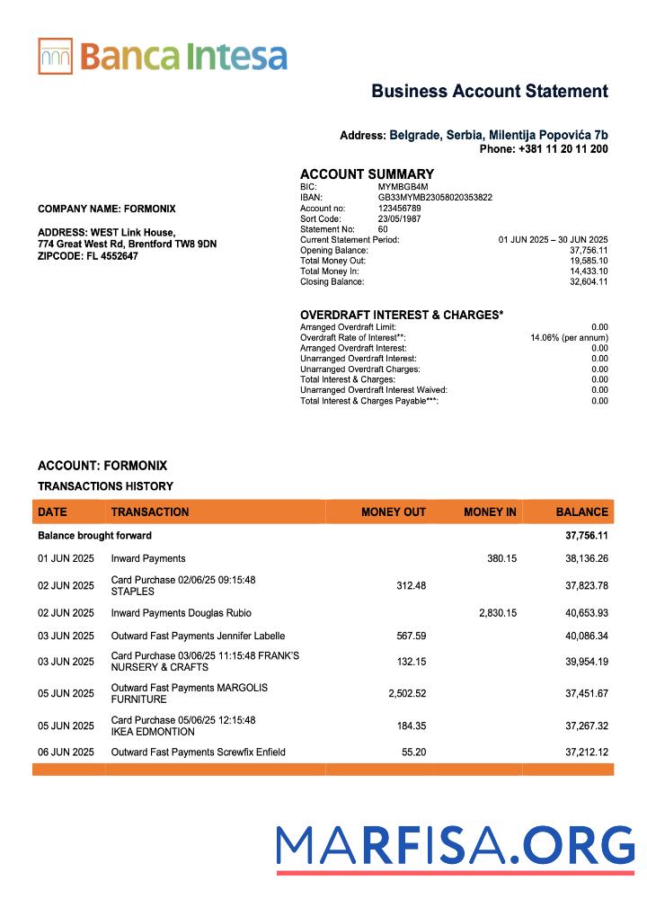 Hohe Qualität Serbian Banca Intesa enterprise Konto Kontoauszug Word and PDF Vorlage