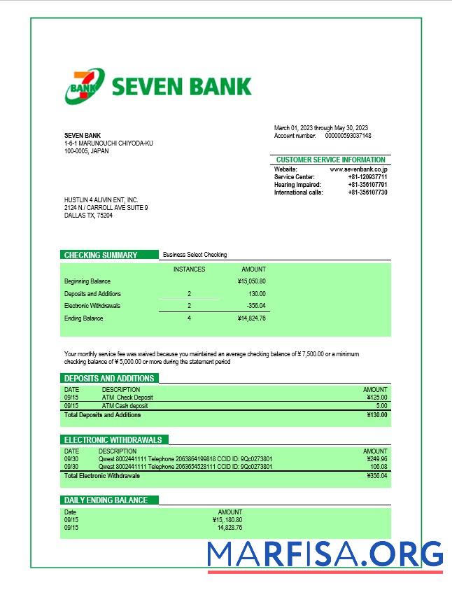 Hohe Qualität Seven Bank Unternehmen checking Konto Kontoauszug Word and PDF Vorlage