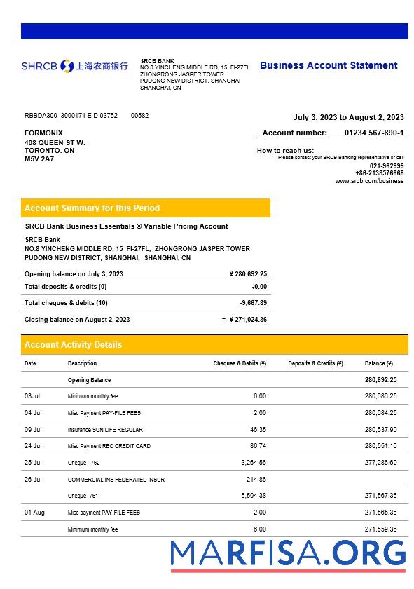 Premium Shanghai Rural Kommerziell Bank enterprise Kontoauszug Word and PDF Vorlage