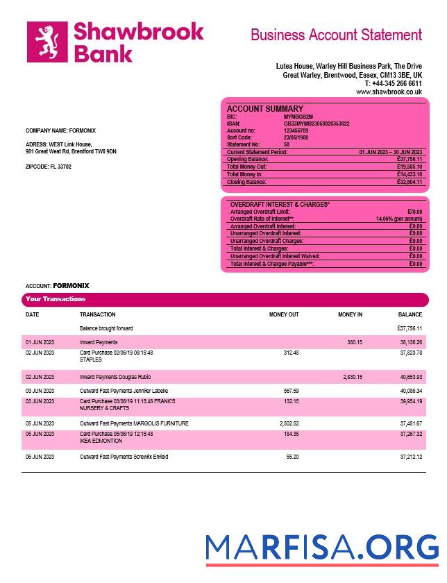 Hohe Qualität Shawbrook Group enterprise Konto Kontoauszug Word and PDF Vorlage