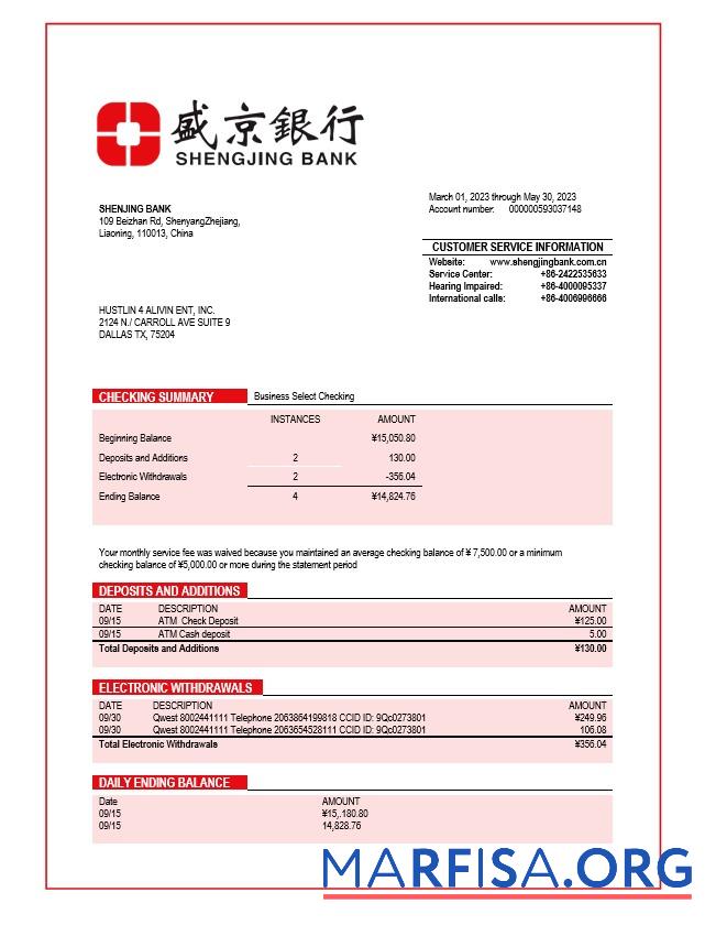 Shengjing Bank Unternehmen checking Konto Kontoauszug Word and PDF templa Vorschau