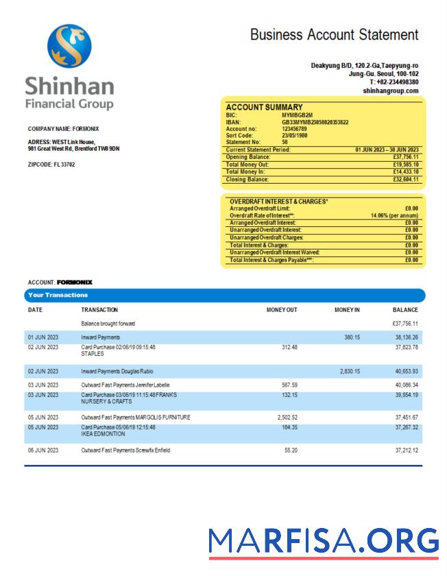 Professionell Shinhan Financial Group enterprise Kontoauszug Word and PDF Vorlage