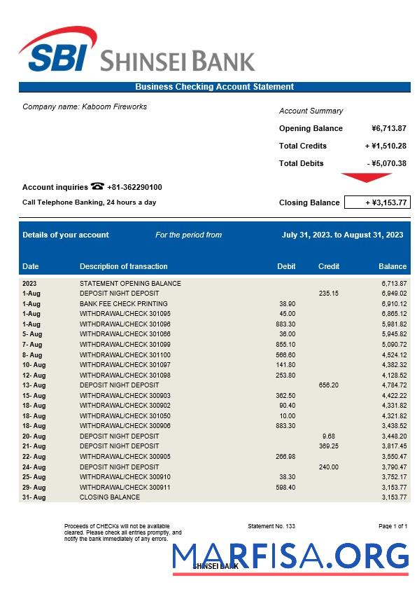Bearbeitbar Shinsei Bank Geschäft Kontoauszug Word and PDF Vorlage