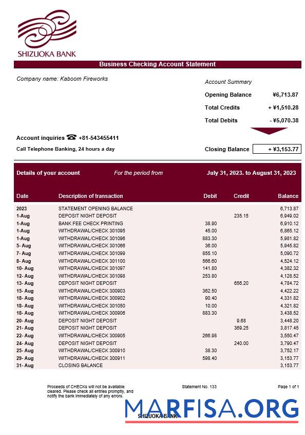 Realistisch Shizuoka Bank organization checking Konto Kontoauszug Word and PDF Vorlage