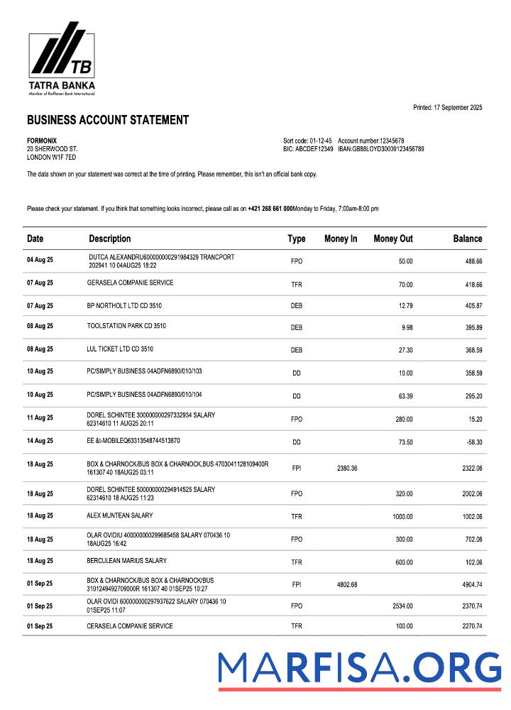 Professionell Slovak Tatra firm Konto Kontoauszug Word and PDF Vorlage