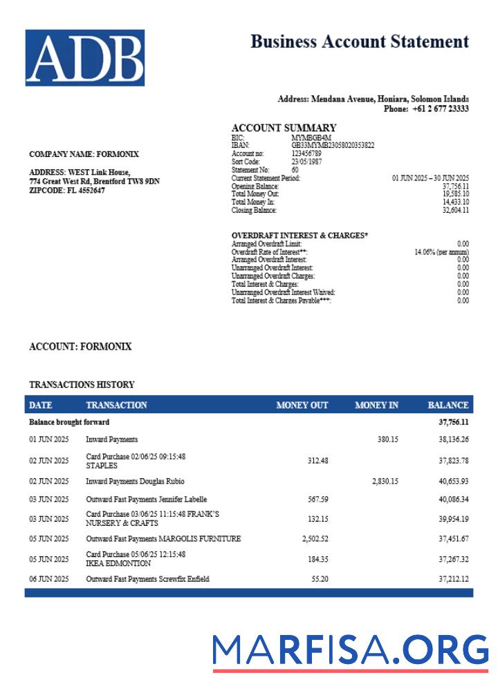 Bearbeitbar Salomonen ADB corporate Konto Kontoauszug Word and PDF Vorlage