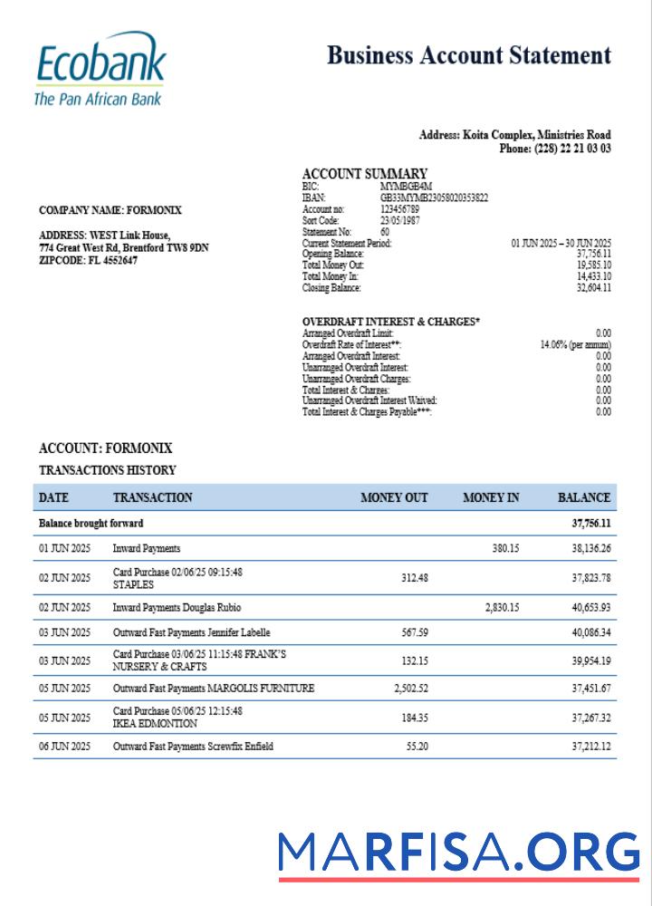 Premium Südsudan Ecobank firm Konto Kontoauszug Word and PDF Vorlage