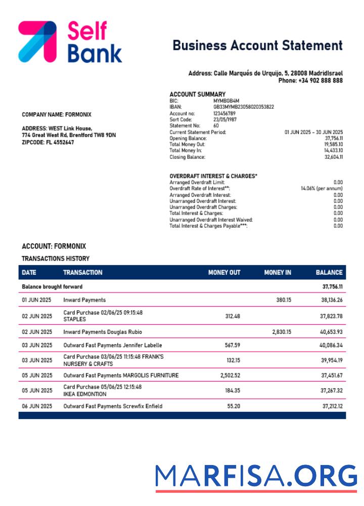 Premium Spanien Self Bank enterprise Konto Kontoauszug Word and PDF Vorlage