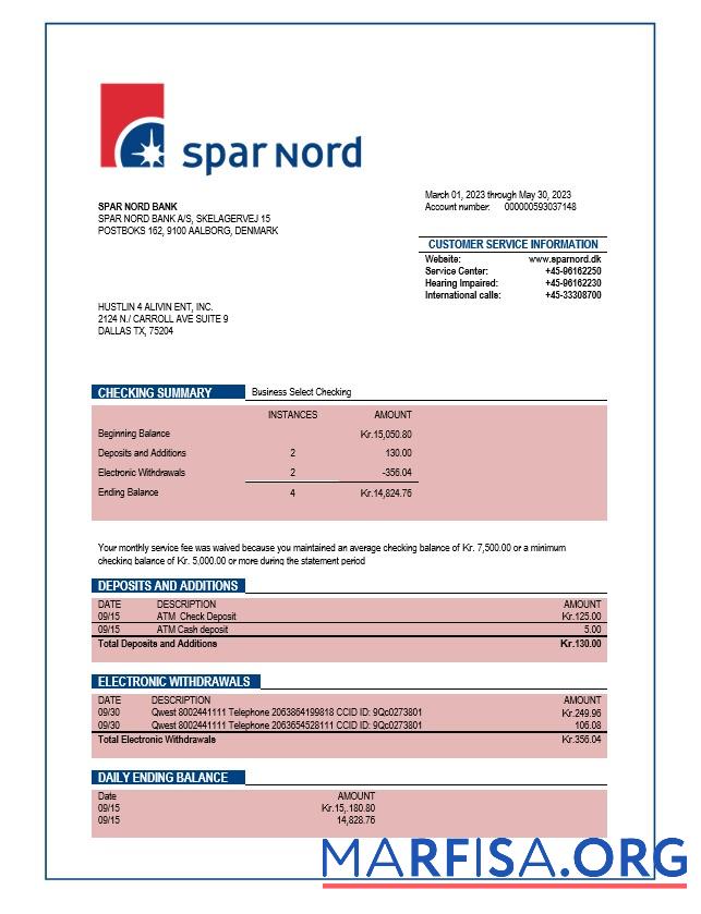 Professionell Spar Nord Bank Unternehmen checking Konto Kontoauszug Word and PDF Vorlage