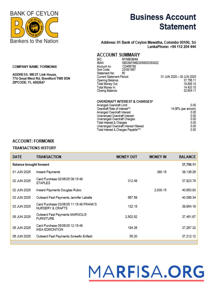 Realistisch Sri Lanka Bank of Ceylon firm Konto Kontoauszug Word and PDF Vorlage