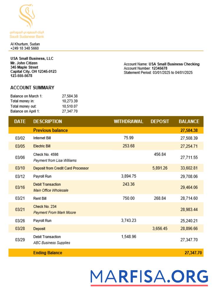 Bearbeitbar Sudanese Saudi Sudanese Bank Geschäft Konto Kontoauszug Word and PDF Vorlage