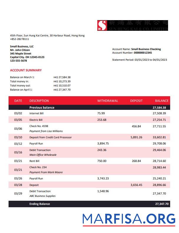 Bearbeitbar Sung Hung Kai Bank Unternehmen Konto Kontoauszug Word and PDF Vorlage
