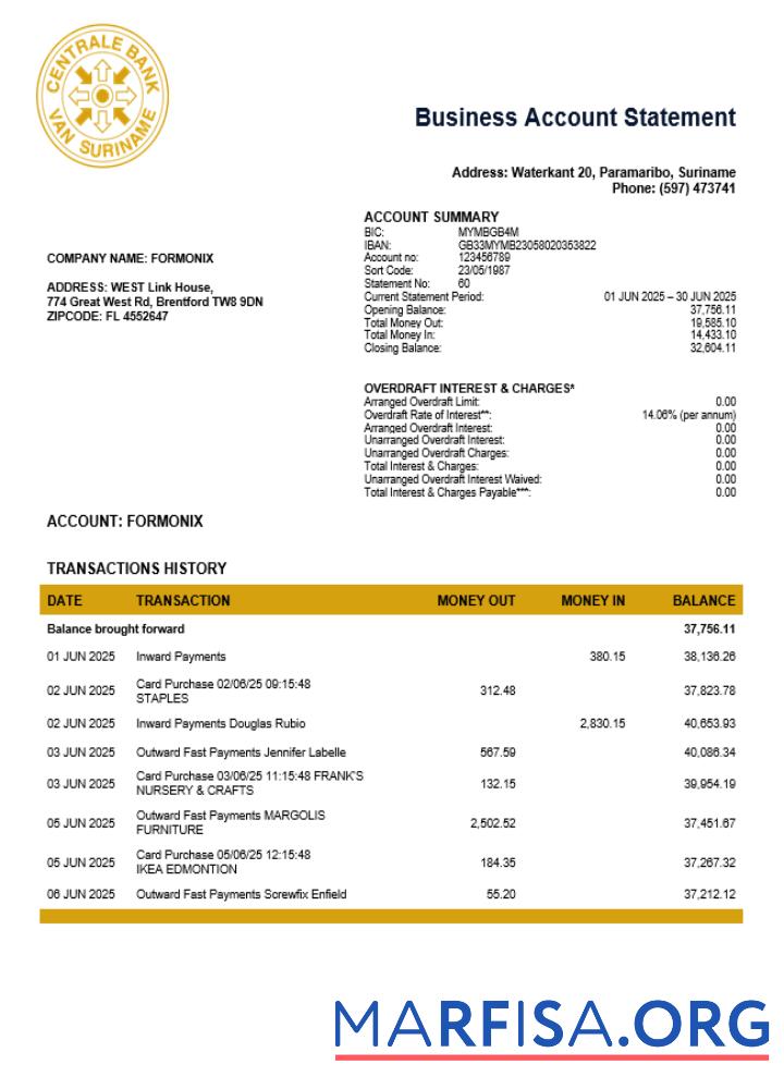 Premium Suriname Centrale Bank Van Suriname Geschäft Konto Kontoauszug Word and PDF Vorlage