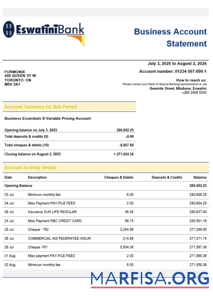 Bearbeitbar Swazibank Limited Unternehmen checking Konto Kontoauszug Word and PDF Vorlage
