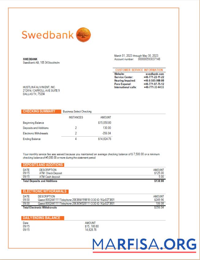 Professionell Swedbank Geschäft checking Konto Kontoauszug Word and PDF Vorlage