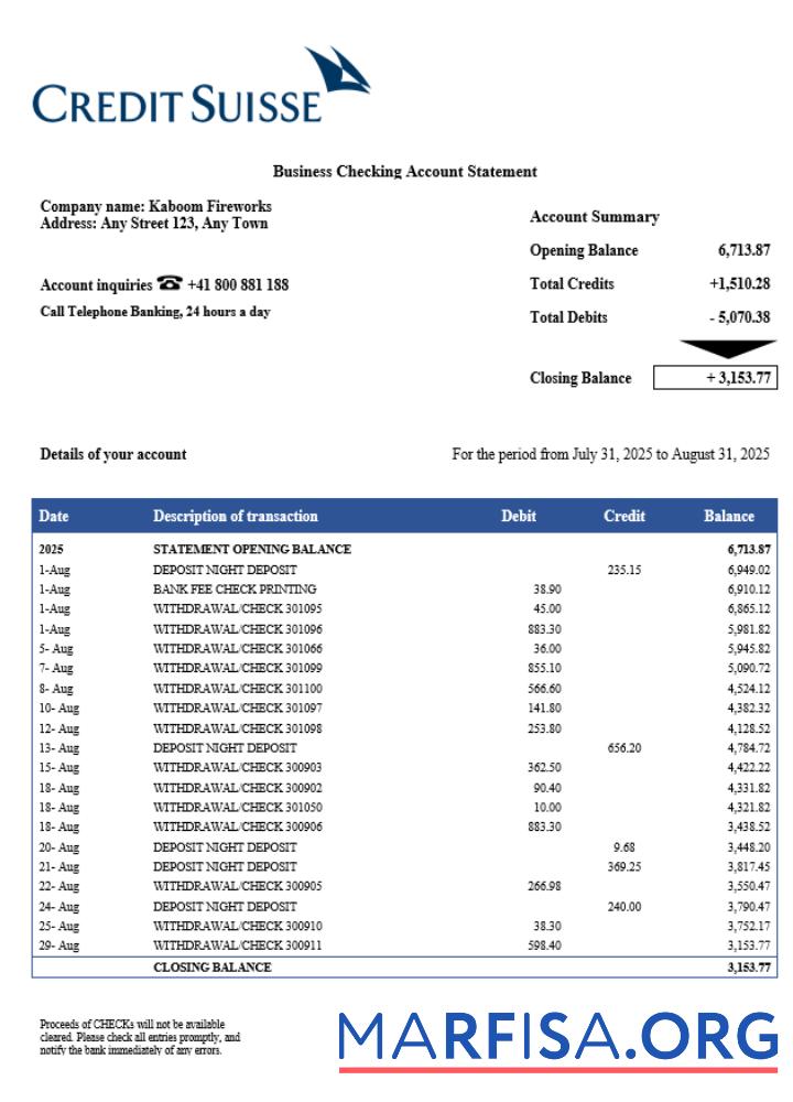 Bearbeitbar Swiss Kredit Suisse Unternehmen checking Konto Kontoauszug Word and PDF Vorlage