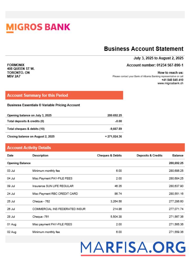 Swiss Migrosbank enterprise Kontoauszug Word and PDF Format Design