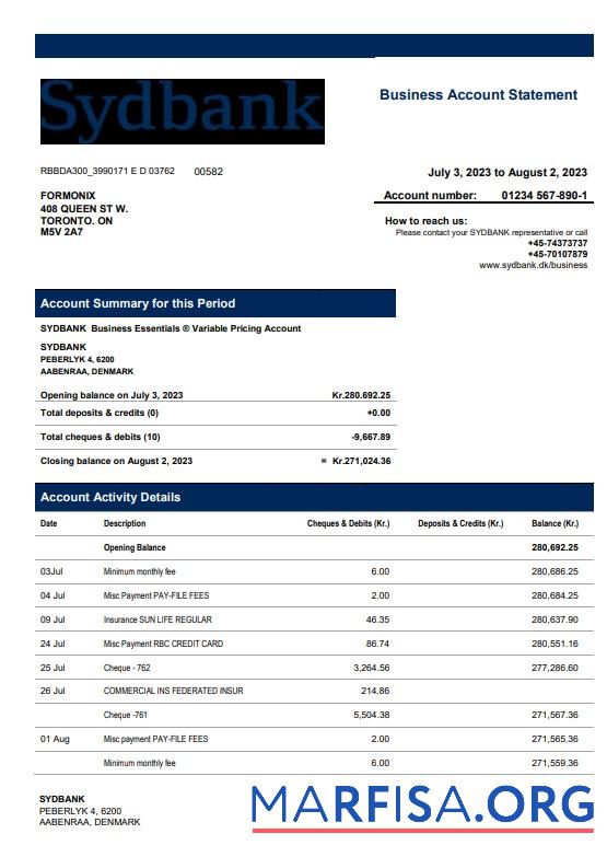 Premium Sydbank enterprise Konto Kontoauszug Word and PDF Vorlage