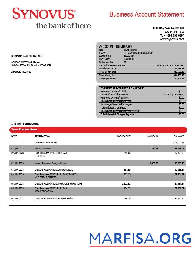 Realistisch Synovus Bank enterprise Kontoauszug Word and PDF Vorlage