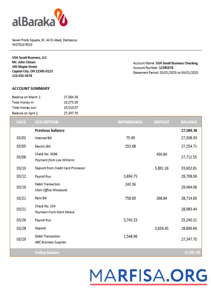 Bearbeitbar Syrian Al Baraka corporate checking Konto Kontoauszug Word and PDF Vorlage