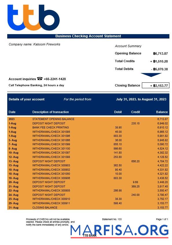 Bearbeitbar TTB Bank corporate checking Konto Kontoauszug Word and PDF Vorlage