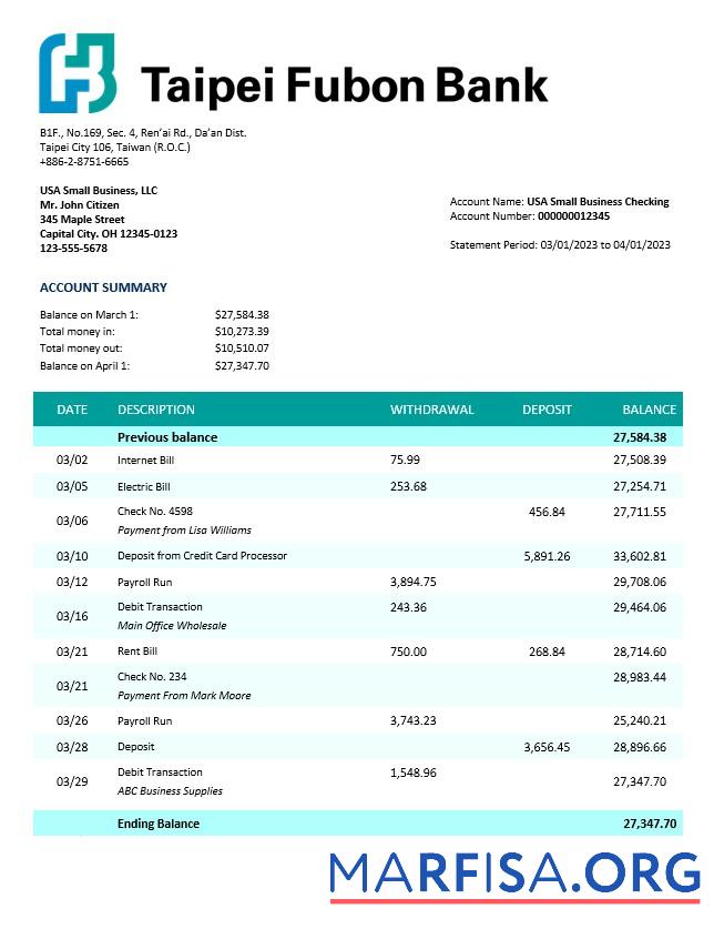 Hohe Qualität Taipai Fubon Bank corporate checking Konto Kontoauszug Word and PDF Vorlage